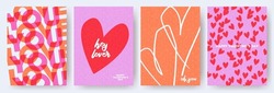 Creative Concept Of Happy Valentines Day Cards Set. Modern Abstract Art Design With Hearts And Modern Typography. Templates For Celebration, Ads, Branding, Banner, Cover, Label, Poster, Sales