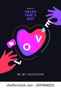 Creative concept of Happy Valentines Day poster. Modern trendy Design with hands making a romantic composition of heart and text Love. Template for branding, fashion ads, cover, web banner, card