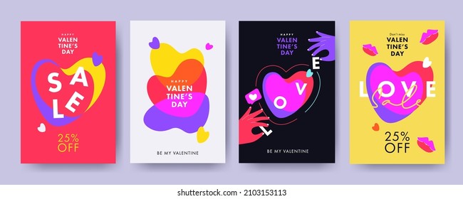 Creative concept of Happy Valentines Day sale posters, cards set. Modern Design templates with liquid overlay hearts, doodle hands and lips kisses for celebration, decor, ads, branding, banner, cover