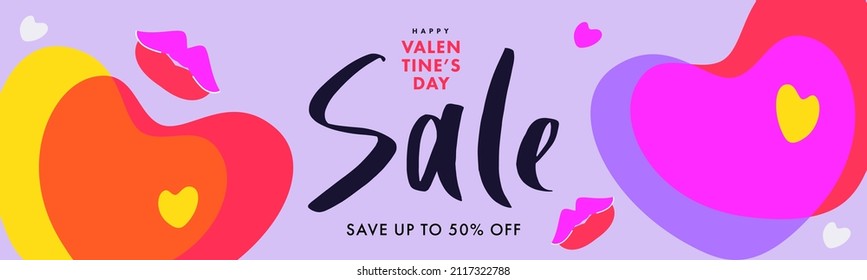 Creative concept of Happy Valentines Day sale horizontal poster, website banner. Modern Design template with liquid overlay hearts and doodle lips kisses.