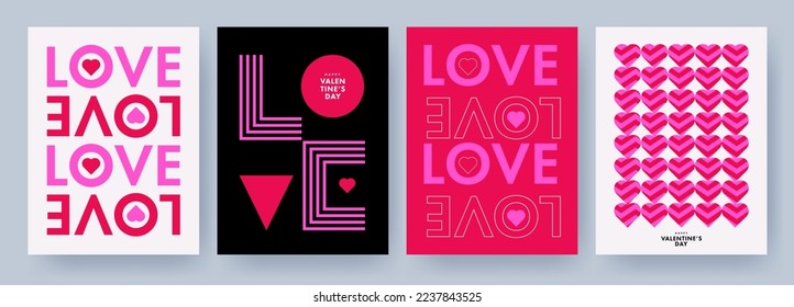 Creative concept of Happy Valentines Day posters, cards set. Modern Design templates with trendy geometric Love typography and sweet hearts for celebration, decor, ads, branding, banner, cover