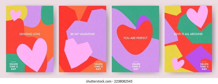 Concepto creativo de juego de tarjetas Happy Valentines Day. Diseño artístico abstracto moderno con corazones, formas geométricas y líquidas. Plantillas para celebración, anuncios, marca, banner, portada, etiqueta, afiche, ventas