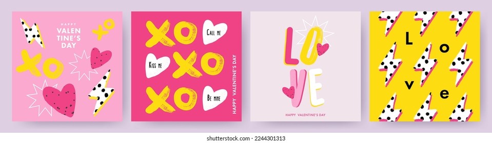 Creative concept of Happy Valentines Day posters, cards set. Modern Design templates with hand drawn doodle hearts, XO symbol and Love typography for celebration, decor, ads, branding, banner, cover