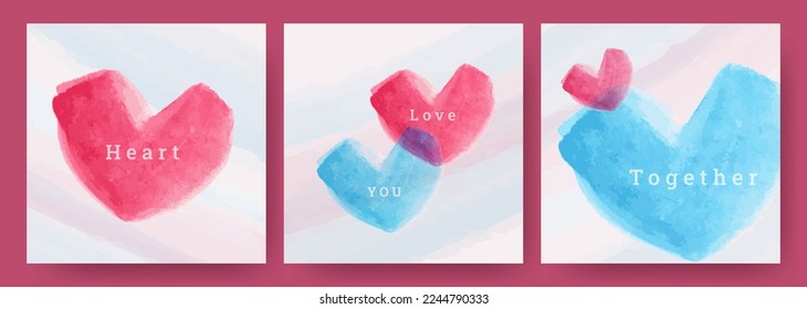 Creative concept of Happy Valentines Day cards set. Abstract art template with beautiful hand drawn watercolor red and blue hearts for celebration, decor, branding, banner, cover, poster, social media