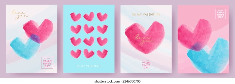 Kreatives Konzept von Happy Valentins Tageskarten oder Plakaten Set. Abstrakte Kunstvorlagen mit schönen handgezeichneten, blau-roten Wassernormen für Feiern, Dekoration, Branding, Webbanner, Cover