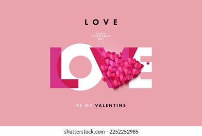 Creative concept of Happy Valentines Day poster. Modern Design template with typography text of Love in modern overlay style and big pink red realistic 3d origami hearts made of many beautiful hearts.