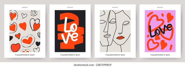 Creative concept of Happy Valentines Day card set. Modern abstract line art design with hearts, portrait of couple in love and typography.Template for ads, branding, banner, cover, label, poster print