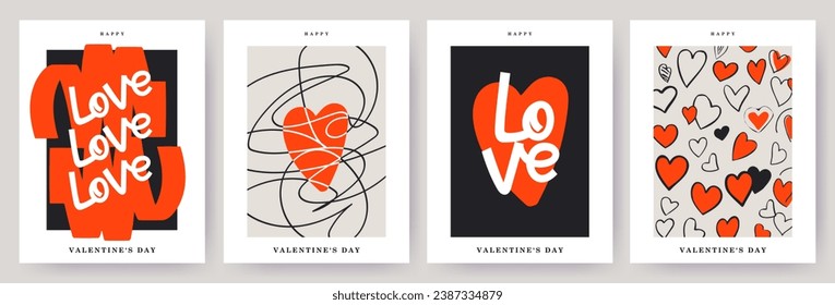 Creative concept of Happy Valentines Day card set. Modern abstract design with hearts, doodles, line arts and modern typography.Template for ads, branding, banner, cover, label, poster print