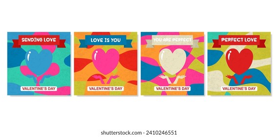 Concepto creativo de juego de tarjetas Happy Valentines Day. Diseño artístico abstracto moderno con plantilla de forma geométrica de corazones. ilustración vectorial.