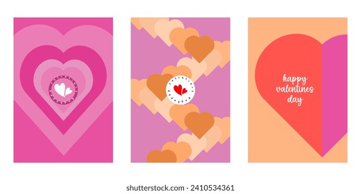 Kreatives Konzept von Happy Valentines Day Karten Set. Modernes abstraktes Kunstdesign mit Herzen, geometrischen und flüssigen Formen. Vorlagen für Feierlichkeiten, Anzeigen, Branding, Banner, Umschlag, Etikett, Plakat, Verkauf