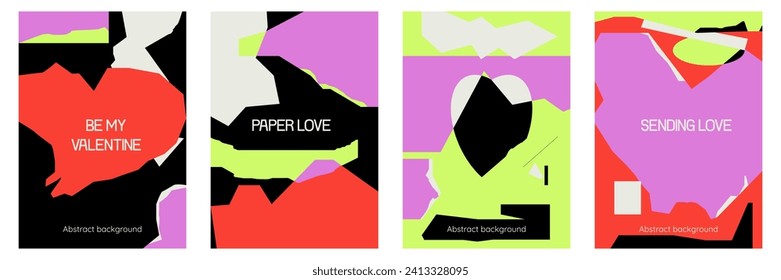 Creative concept of Happy Valentines Day cover set. Modern abstract art design with hearts, geometric and paper shapes. Templates for celebration, ads, branding, banner, cover, label, poster, sales.