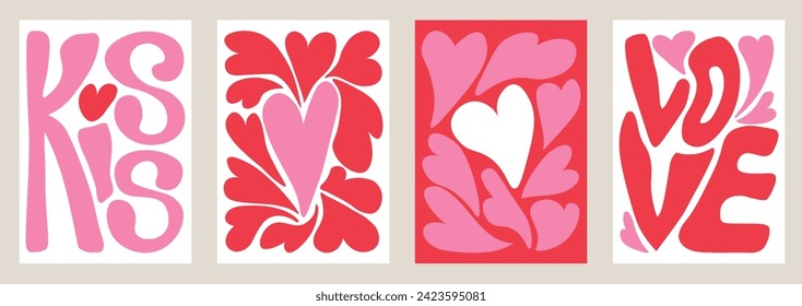 Concepto creativo de juego de tarjetas Happy Valentines Day. Diseño artístico abstracto moderno con corazones y tipografía dibujada a mano moderna. Plantillas para celebración, anuncios, marca, banner, portada, etiqueta, afiche