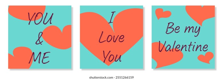 Creative concept of Happy Valentines Day cards set. Abstract art design with hearts, modern typography on turquoise color background for celebration, ads, branding, banner, cover, label, poster, sales