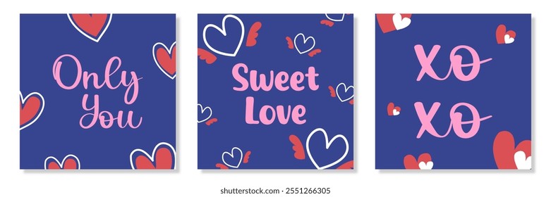 Creative concept of Happy Valentines Day cards set. Abstract art design with hearts, modern typography on blue color background for celebration, ads, branding, banner, cover, label, poster, sales.