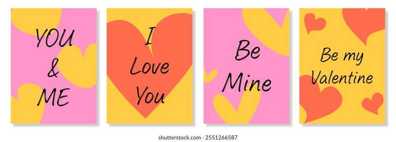 Creative concept of Happy Valentines Day cards set. Abstract art design with hearts, modern typography on pink and yellow background for celebration, ads, branding, banner, cover, label, poster, sales