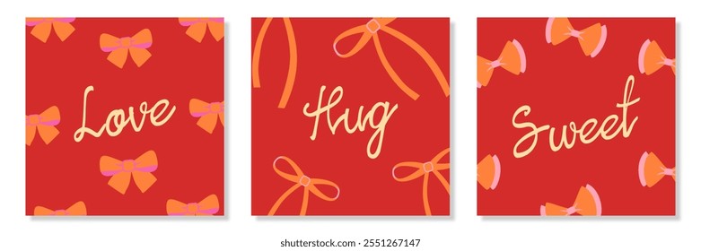 Creative concept of Happy Valentines Day cards set. Abstract art design with ribbons, modern typography on red color background for celebration, ads, branding, banner, cover, label, poster, sales.