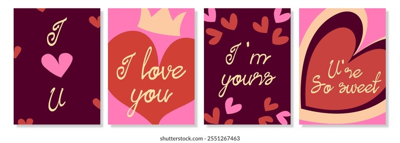 Creative concept of Happy Valentines Day cards set. Abstract art design with hearts, modern typography on purple and red background for celebration, ads, branding, banner, cover, label, poster, sales.