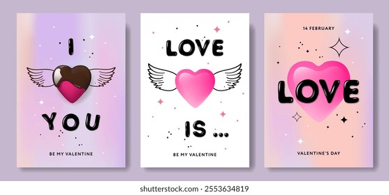 Creative concept of Happy Valentines Day cards or posters set. Abstract art templates with beautiful hearts with wings for celebration, decoration, branding, web banner, cover, vector illustration