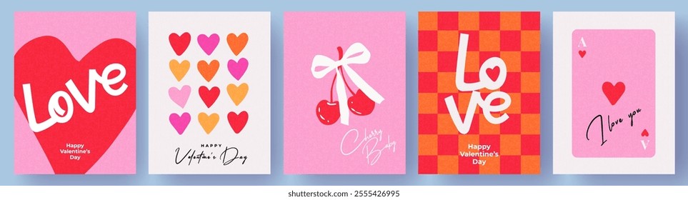 Creative concept of Happy Valentines Day cards set. Abstract art design with hearts, cherry, ace of hearts and modern typography. Templates for celebration, ads, branding, banner, cover, label, poster