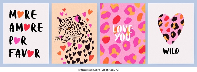 Creative concept of Happy Valentines Day cards set. Modern abstract art design with hearts, wild cat, modern typography. Templates for celebration, ads, branding, banner, cover, label, poster, sales