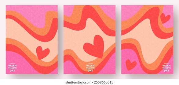 Creative concept of Happy Valentines Day cards set. Modern abstract art design with hearts and liquid waves. Templates for celebration, ads, branding, wall decor, banner, cover, label, poster, sales