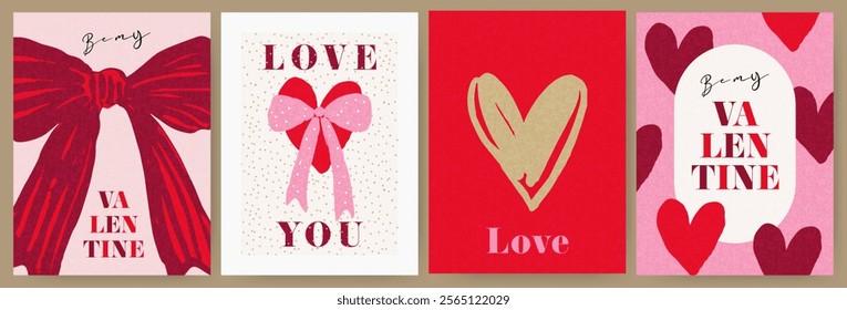 Creative concept of Happy Valentines Day cards set. Modern abstract art design with hearts, bows and modern typography. Templates for celebration, ads, branding, banner, cover, label, poster, sales