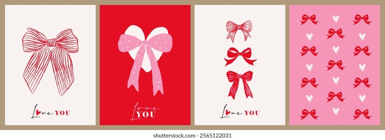 Creative concept of Happy Valentines Day cards set. Modern abstract art design with hearts, bows and modern typography. Templates for celebration, ads, branding, banner, cover, label, poster, sales