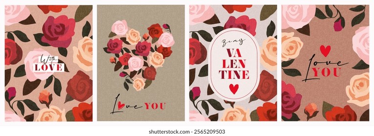 Creative concept of Happy Valentines Day cards set. Modern art design with roses, hearts and modern typography. Templates for celebration, ads, branding, banner, cover, label, poster in trendy brown