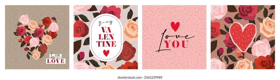 Creative concept of Happy Valentines Day cards set. Modern art design with roses, hearts and modern typography. Templates for celebration, ads, branding, banner, cover, label, poster in trendy brown