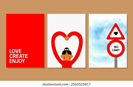 Creative concept of Happy Valentines Day cards set. Modern abstract art design with hearts and modern typography. Templates for celebration, ads, branding, banner, cover, label, poster, sales