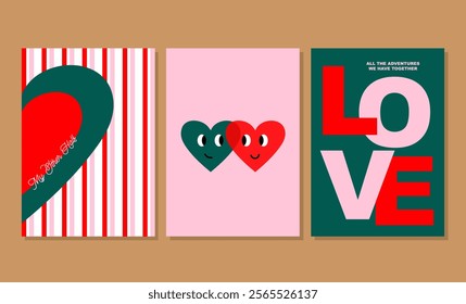 Creative concept of Happy Valentines Day cards set. Modern abstract art design with hearts and modern typography. Templates for celebration, ads, branding, banner, cover, label, poster, sales