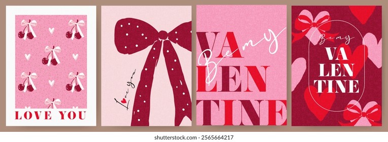 Creative concept of Happy Valentines Day cards set. Modern abstract art design with cherry, hearts, bows, modern typography. Template for celebration, ads, branding, banner, cover, label, poster, sale