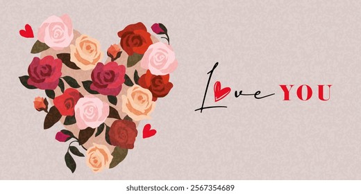 Creative concept of Happy Valentines Day card. Modern art design with roses, hearts and modern typography. Design template for celebration, ads, branding, banner, cover, label, poster in trendy brown