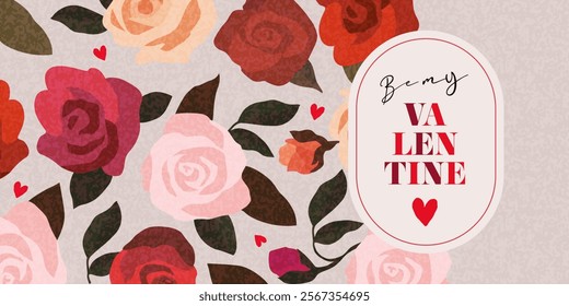 Creative concept of Happy Valentines Day card. Modern art design with roses, hearts and modern typography. Design template for celebration, ads, branding, banner, cover, label, poster in trendy brown