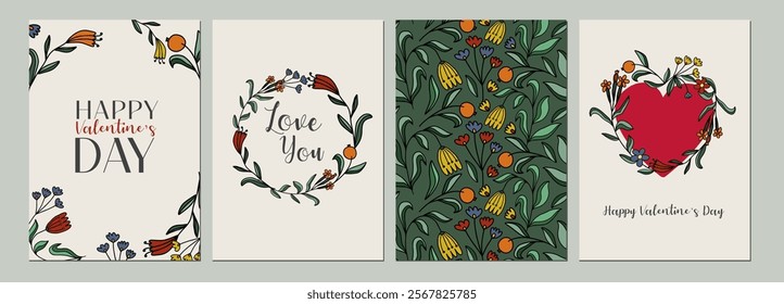 Creative concept of Happy Valentines Day cards set. Modern art design with hearts, flowers and modern typography. Templates for celebration, ads, branding, banner, cover, label, poster