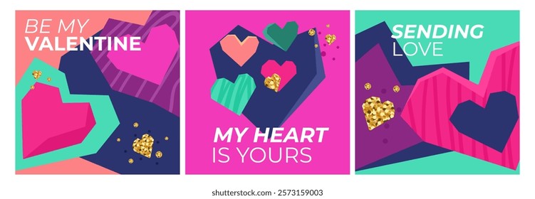 Creative concept of Happy Valentines Day cards set. Modern abstract art design with hearts, geometric. Templates for celebration, branding, banner, cover, label, poster