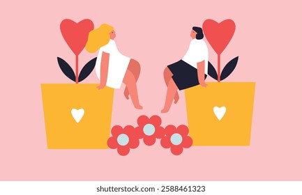 Creative concept of Happy Valentines Day cards set. Design with hearts and people . Templates for celebration, ads, branding, banner, cover, label, poster, sales