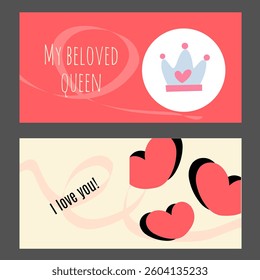 Creative concept of Happy Valentines Day cards set. Modern abstract art design with hearts, crown and typography. Colorful templates for celebration, ads, branding, banner, cover, label, poster, sales