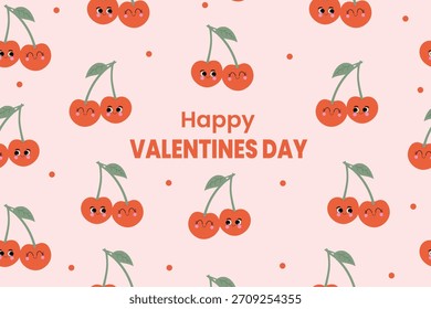Concepto creativo del Anuncio o del encabezado del Web del día de San Valentín feliz. Lindo diseño de patrón de cereza. Plantilla para la celebración, anuncios, marca, Anuncio, cubierta, etiqueta, cartel, venta
