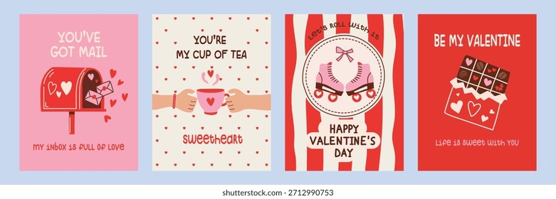 Creative concept of Happy Valentines Day cards in retro style hand drawn style with roller skates, mailbox, chocolate, hearts, . Template for ads, banner, branding,  cover, label, poster.