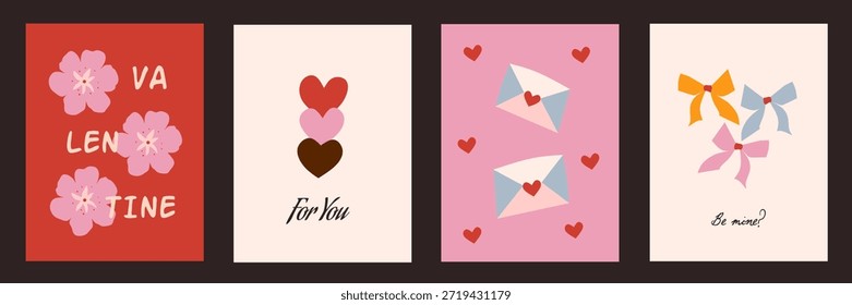Concepto creativo de las tarjetas del día de San Valentín feliz. Diseño de arte abstracto moderno con corazones, geométricos, flores, cintas. Plantillas de celebración, anuncios, marca, Anuncio, cubierta, etiqueta, cartel, ventas.