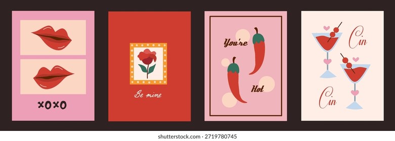Concepto creativo de las tarjetas del día de San Valentín feliz. Diseño de arte abstracto moderno con labios, vino, flor, bebida. Plantillas de saludo de celebración, anuncios, marca, Anuncio, cubierta, etiqueta, cartel, ventas.