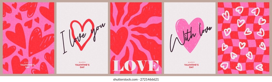 Kreatives Konzept der Happy Valentines Day Karten. Modernes abstraktes Kunstdesign mit handgezeichneten Herzen und typografischem Design. Vorlagen für Feiern, Anzeigen, Branding, Banner, Cover, Label, Poster, Verkauf.
