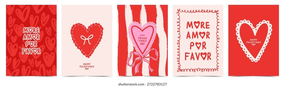 Concepto creativo de la tarjeta del día de San Valentín feliz fijada con las Formas de los corazones, los lazos y el diseño de la tipografía. Plantilla de Vector abstracto moderno para la celebración, anuncios, marca, Anuncio, cubierta, etiqueta, cartel, ventas