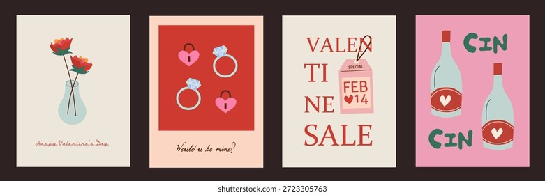 Concepto creativo de las tarjetas del día de San Valentín feliz. Diseño de arte abstracto moderno con flores, vino, carta, etiquetas, anillo. Plantillas de celebración, anuncios, marca, Anuncio, cubierta, etiqueta, cartel, ventas.