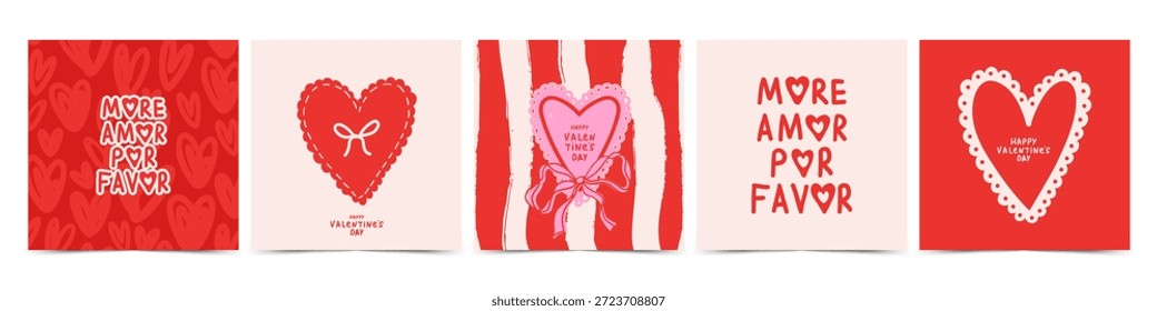 Creative concept of Happy Valentine's Day card set with hearts shapes, bows and typography design. Modern abstract vector template for celebration, ads, branding, banner, cover, label, poster, sales