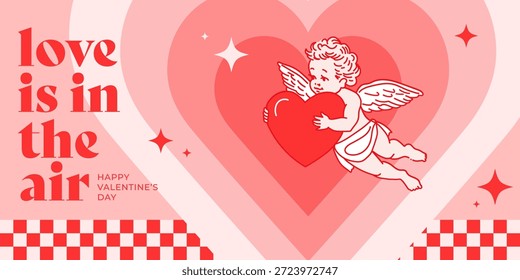 Concepto creativo de la tarjeta del día de San Valentín feliz. Diseño de arte de moda con pequeño Cupido, corazones, Formas geométricas y tipografía. Plantilla para la celebración, anuncios, marca, Anuncio, cubierta, etiqueta, cartel, venta