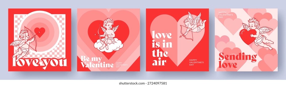 Concepto creativo de la tarjeta del día de San Valentín feliz. Diseño de arte de moda con pequeños cupidos, corazones, Formas geométricas y tipografía. Plantillas para celebración, anuncios, branding, Anuncio, cover, label, poster