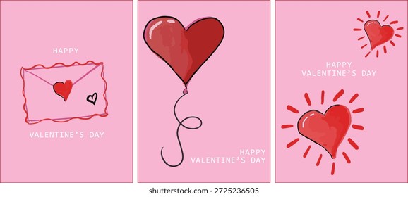 Conceito criativo de cartões Feliz Dia dos Namorados em estilo desenhado à mão na moda com balão de coração, coração brilhante e carta de amor. Modelo para anúncios, marca, banner, capa, etiqueta, cartaz
