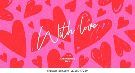 Concepto creativo de la tarjeta del día de San Valentín feliz. Fondo de arte abstracto moderno con patrón de corazones rojos dibujados a mano en rosa. Plantilla para la celebración, anuncios, marca, Anuncio, cubierta, etiqueta, cartel, ventas.